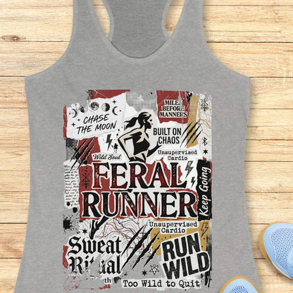 Gray tank top with graphic design on a wooden surface