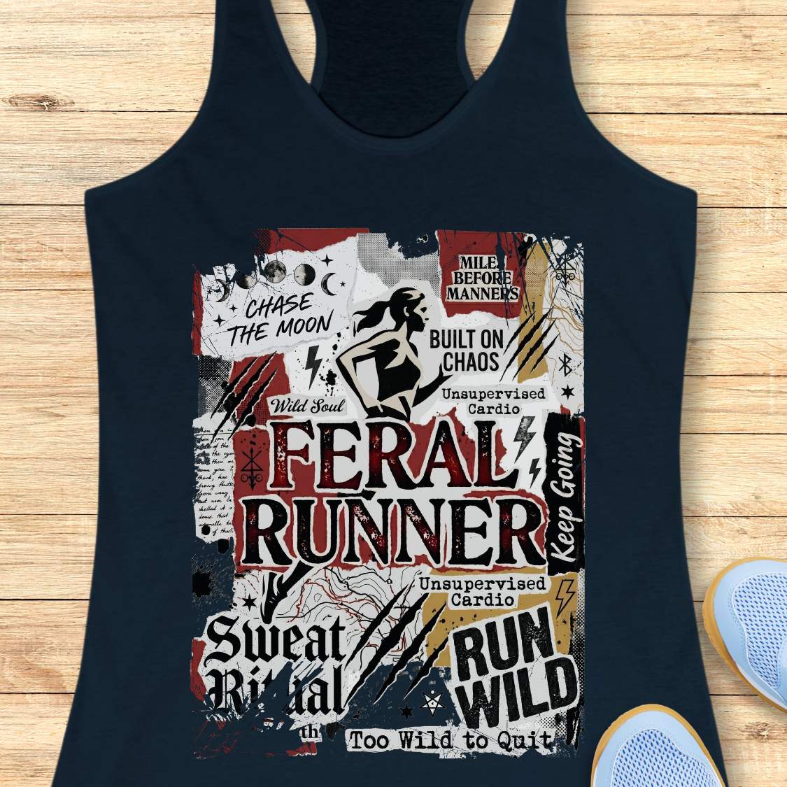 navy tank top with 'Feral Runner' graphic design on a wooden surface