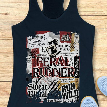 navy tank top with 'Feral Runner' graphic design on a wooden surface
