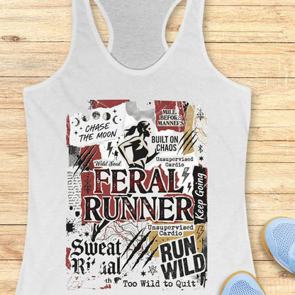 white tank top with graphic design and text on a wooden surface