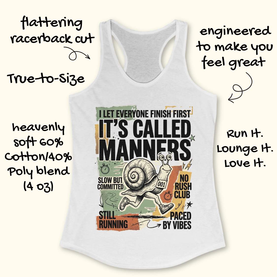 White tank top with humorous graphic and text on a white background