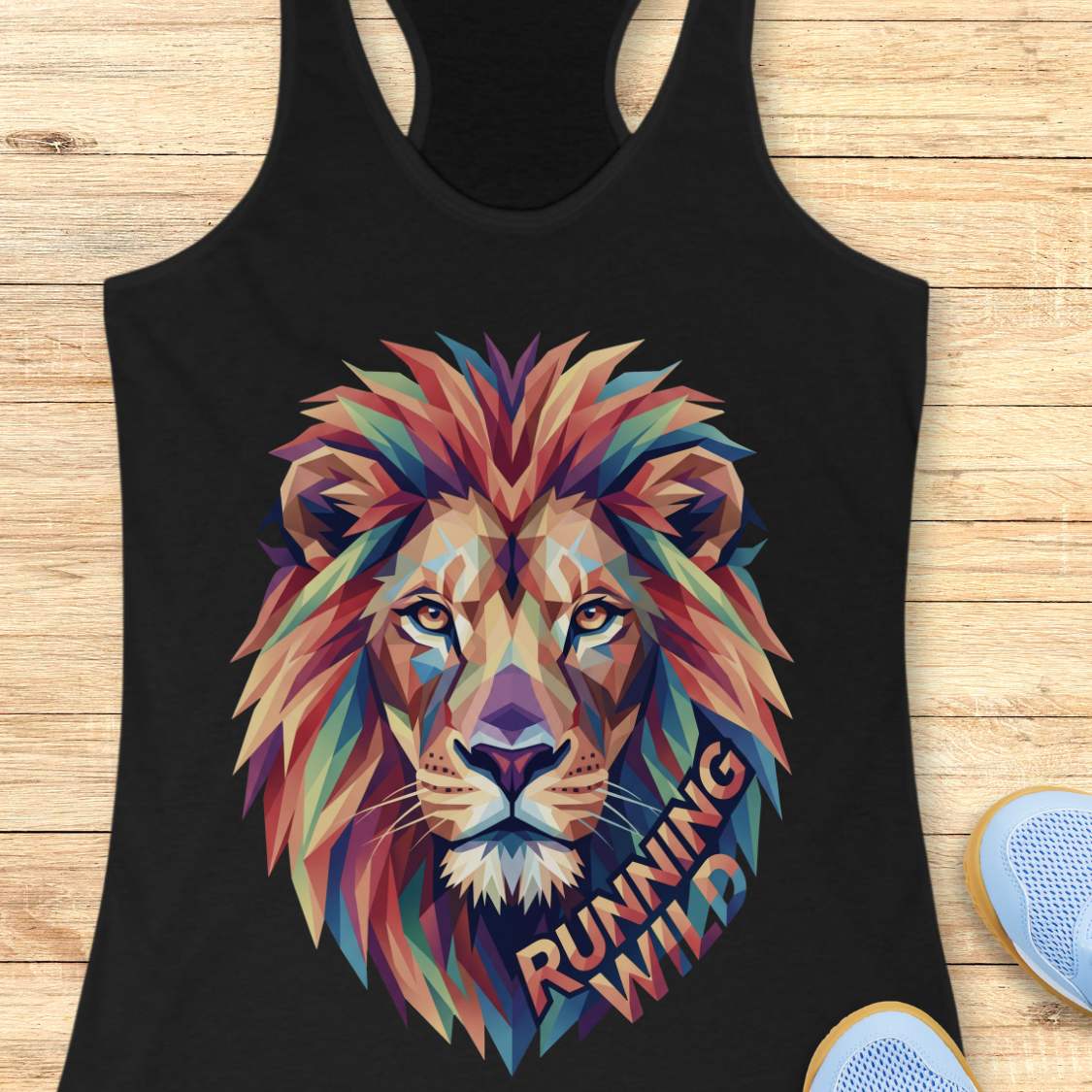 Black tank top with a colorful lion graphic and 'Running Wild' text on a wooden surface.
