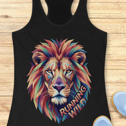 Black tank top with a colorful lion graphic and 'Running Wild' text on a wooden surface.
