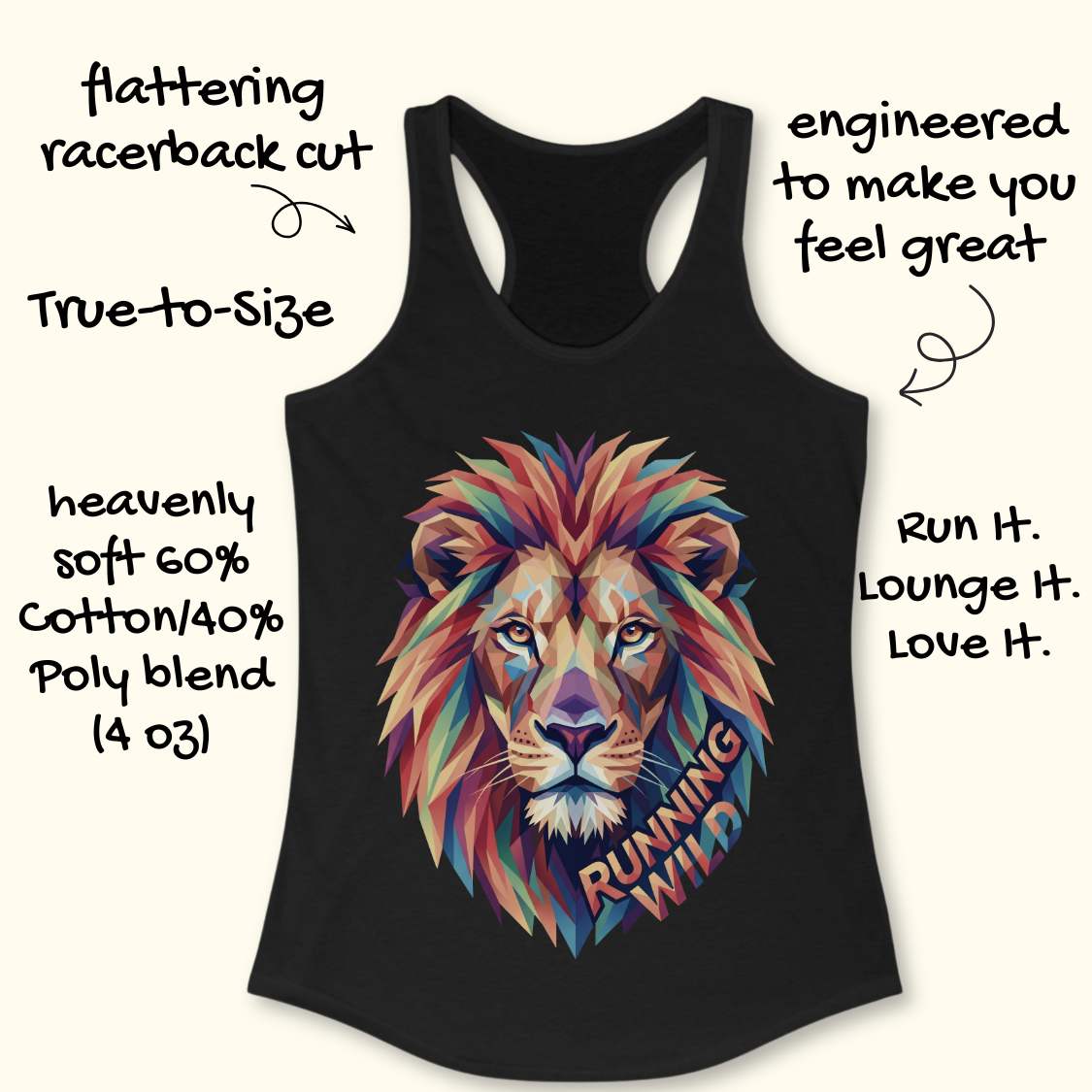 Black tank top with a colorful lion graphic and text describing features on a white background