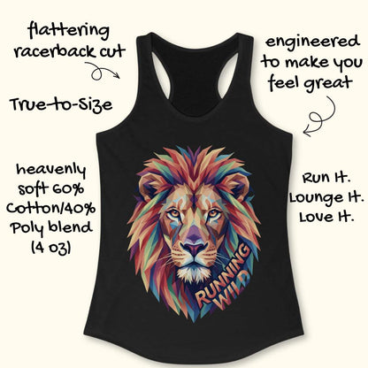 Black tank top with a colorful lion graphic and text describing features on a white background