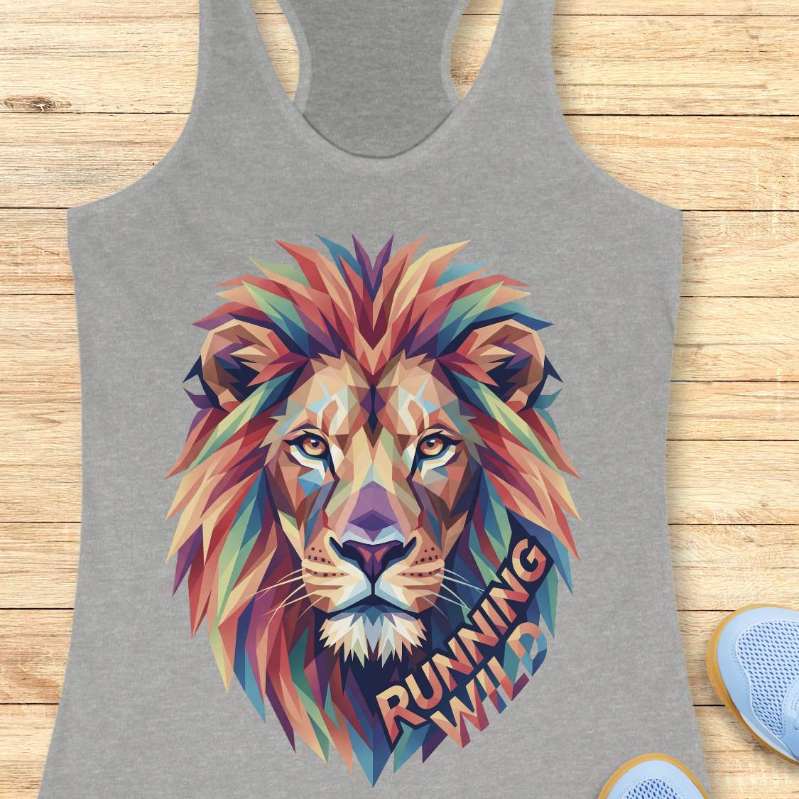 Gray tank top with a colorful lion graphic and 'Running Wild' text on a wooden surface