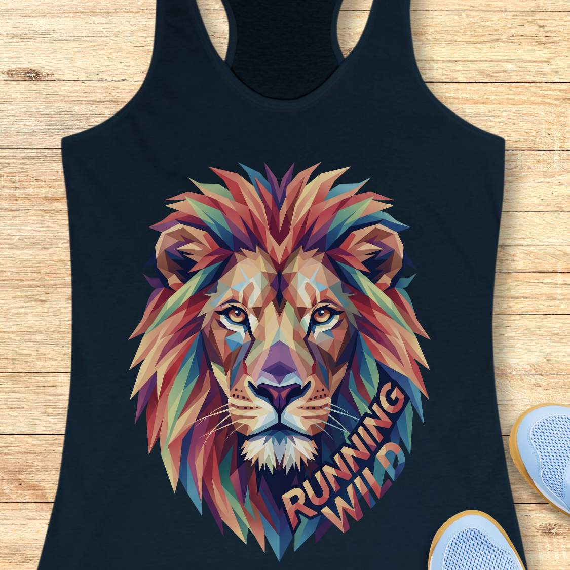 navy tank top with a colorful lion graphic and 'Running Wild' text on a wooden surface.