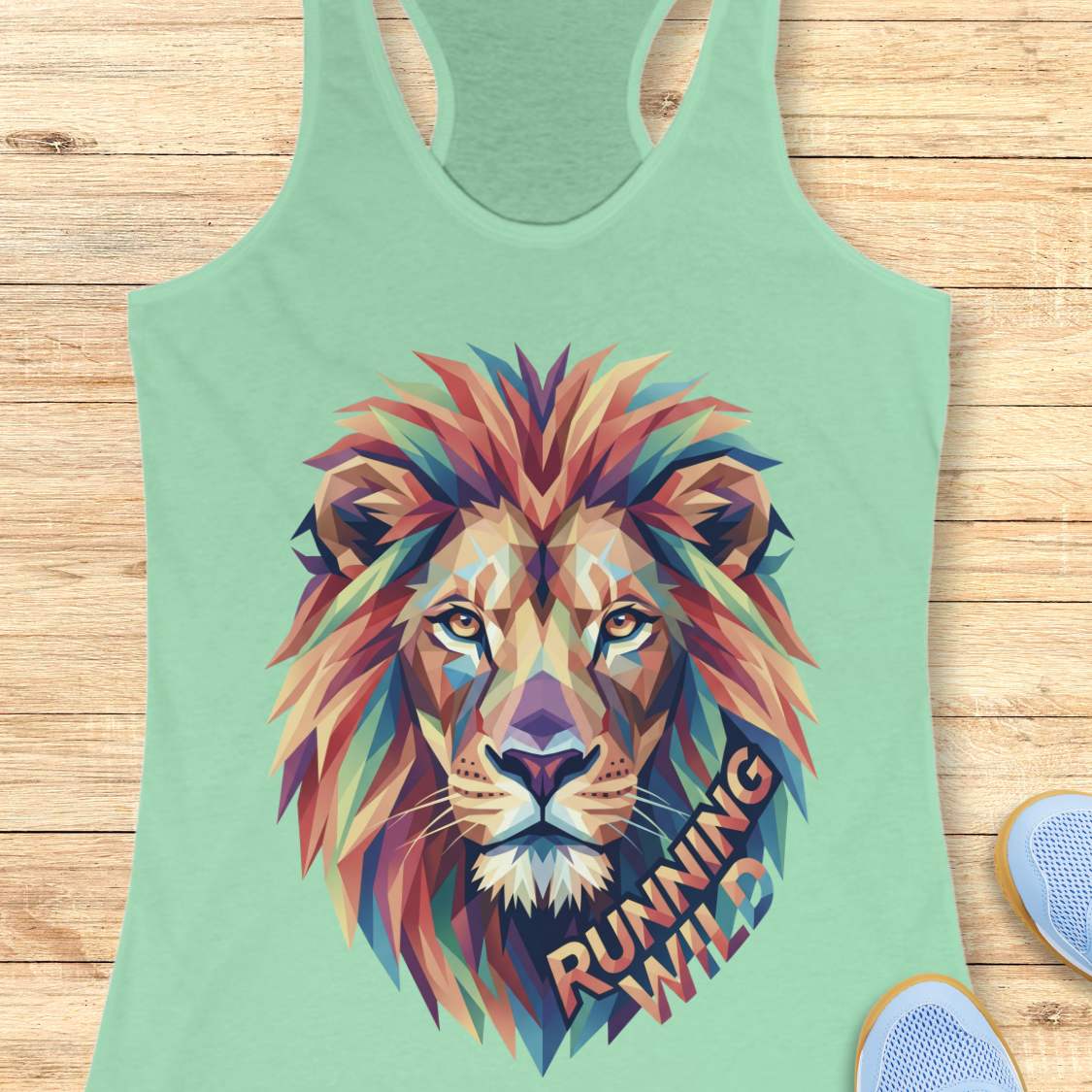 Mint green tank top with a colorful lion graphic and 'Running Wild' text on a wooden surface.