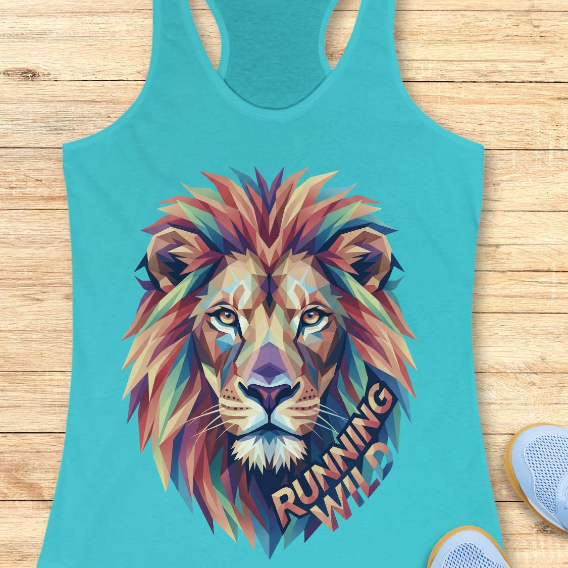 Turquoise tank top with a colorful lion graphic and 'Running Wild' text on a wooden surface.