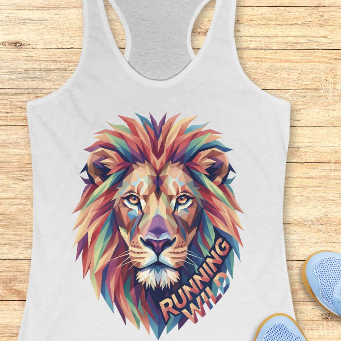 white tank top with a colorful lion graphic and 'Running Wild' text on a wooden surface.
