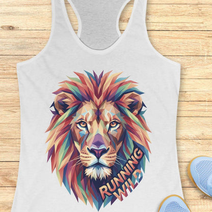 white tank top with a colorful lion graphic and 'Running Wild' text on a wooden surface.