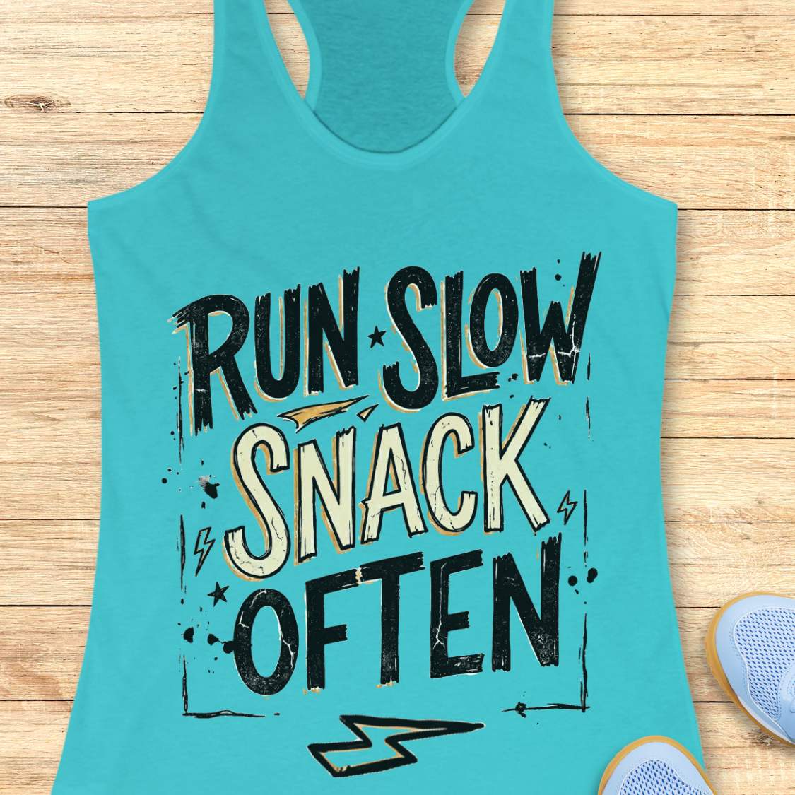 Turquoise tank top with 'RUN SLOW SNACK OFTEN' text on a wooden surface