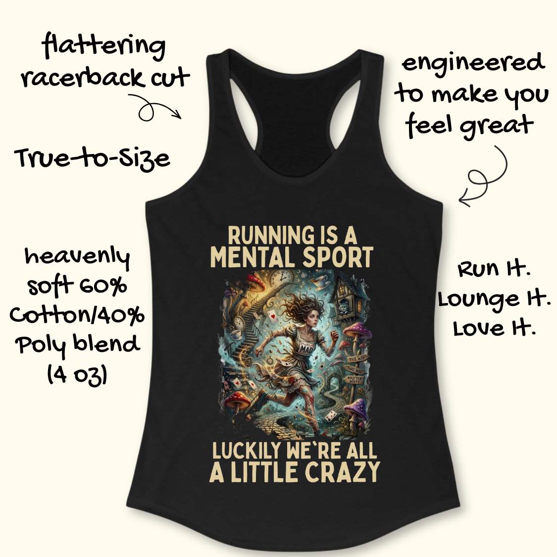 Black  tank top with graphic design and text 'Running is a mental sport luckily we're all a little crazy' on a white surface.
