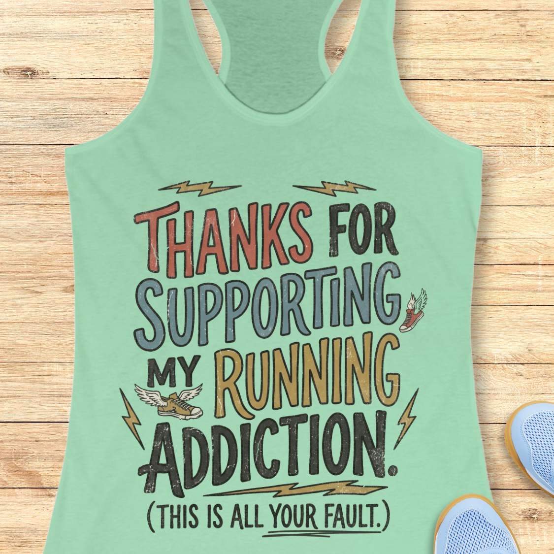 Mint green tank top with humorous text 'thanks for supporting my running addiction. (This is all your fault.)'  on a wooden surface