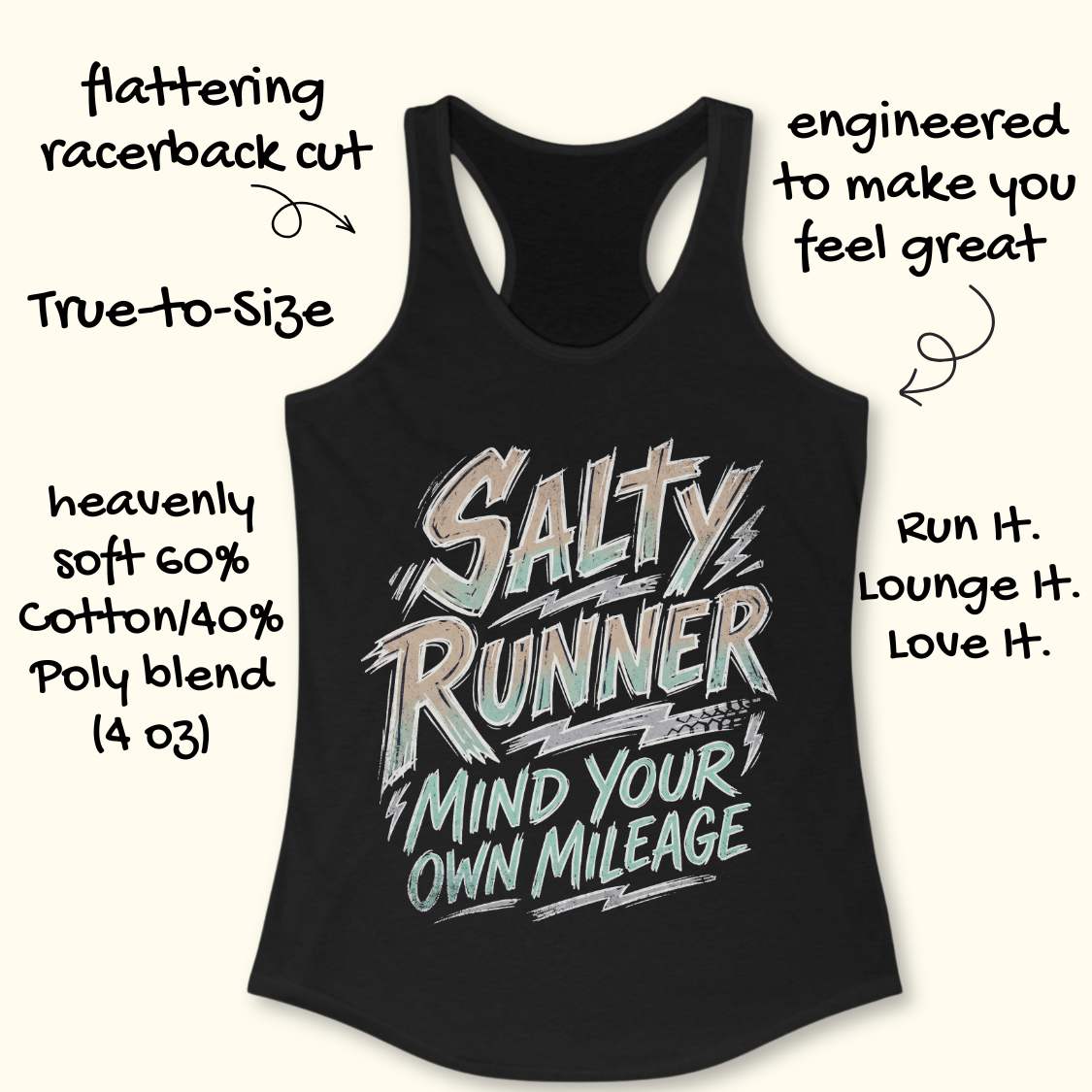 Black tank top with 'Salty Runner' text on a white background