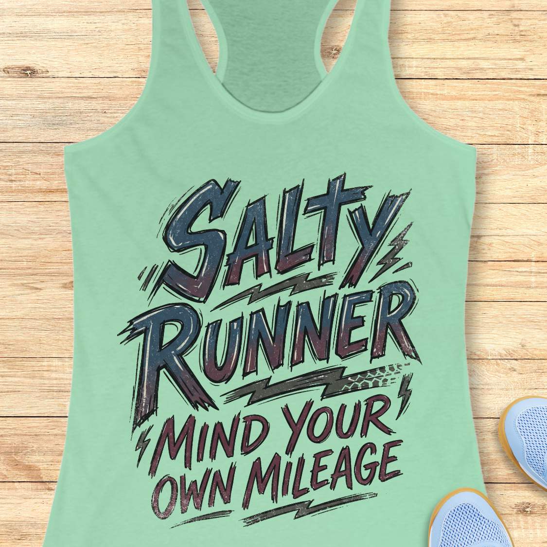 Light green tank top with 'Salty Runner Mind Your Own Mileage' text on a wooden surface.