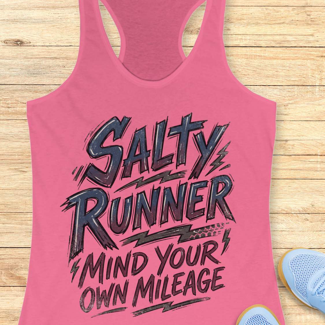Pink tank top with 'Salty Runner Mind Your Own Mileage' text on a wooden surface.