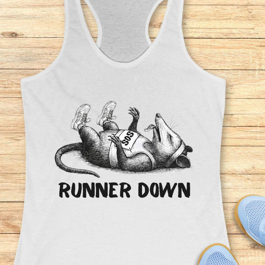 white tank top with a graphic of a rat wearing a marathon number and 'Runner Down' text on a wooden surface.