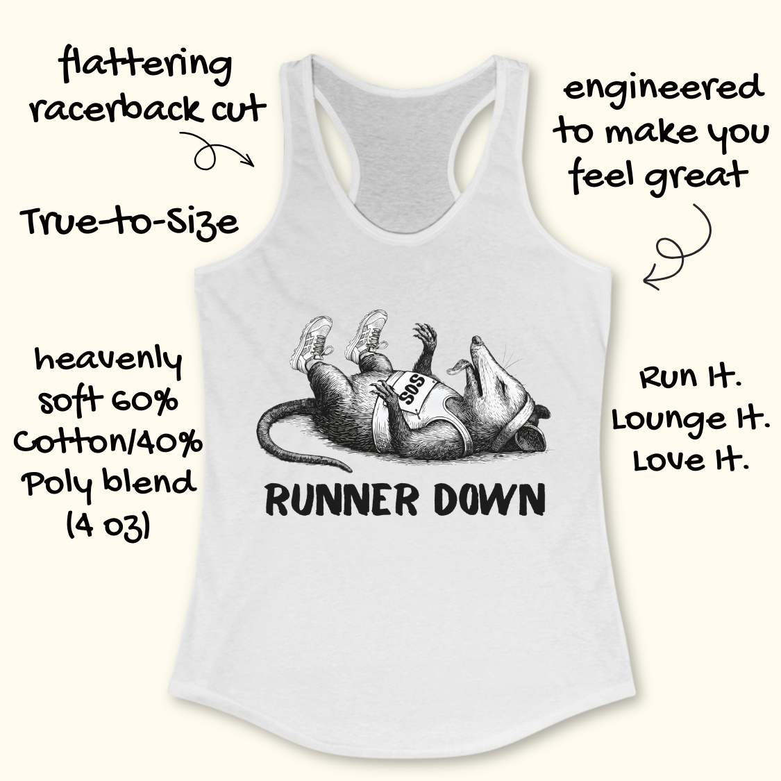 White tank top with graphic design and text on a white background