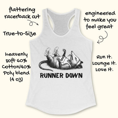 White tank top with graphic design and text on a white background