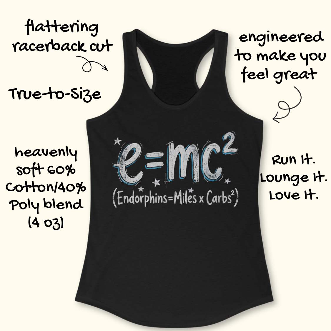 Black tank top with 'e=mc2' design on a white background