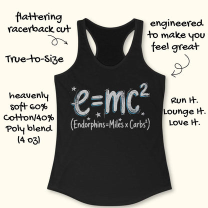 Black tank top with 'e=mc2' design on a white background