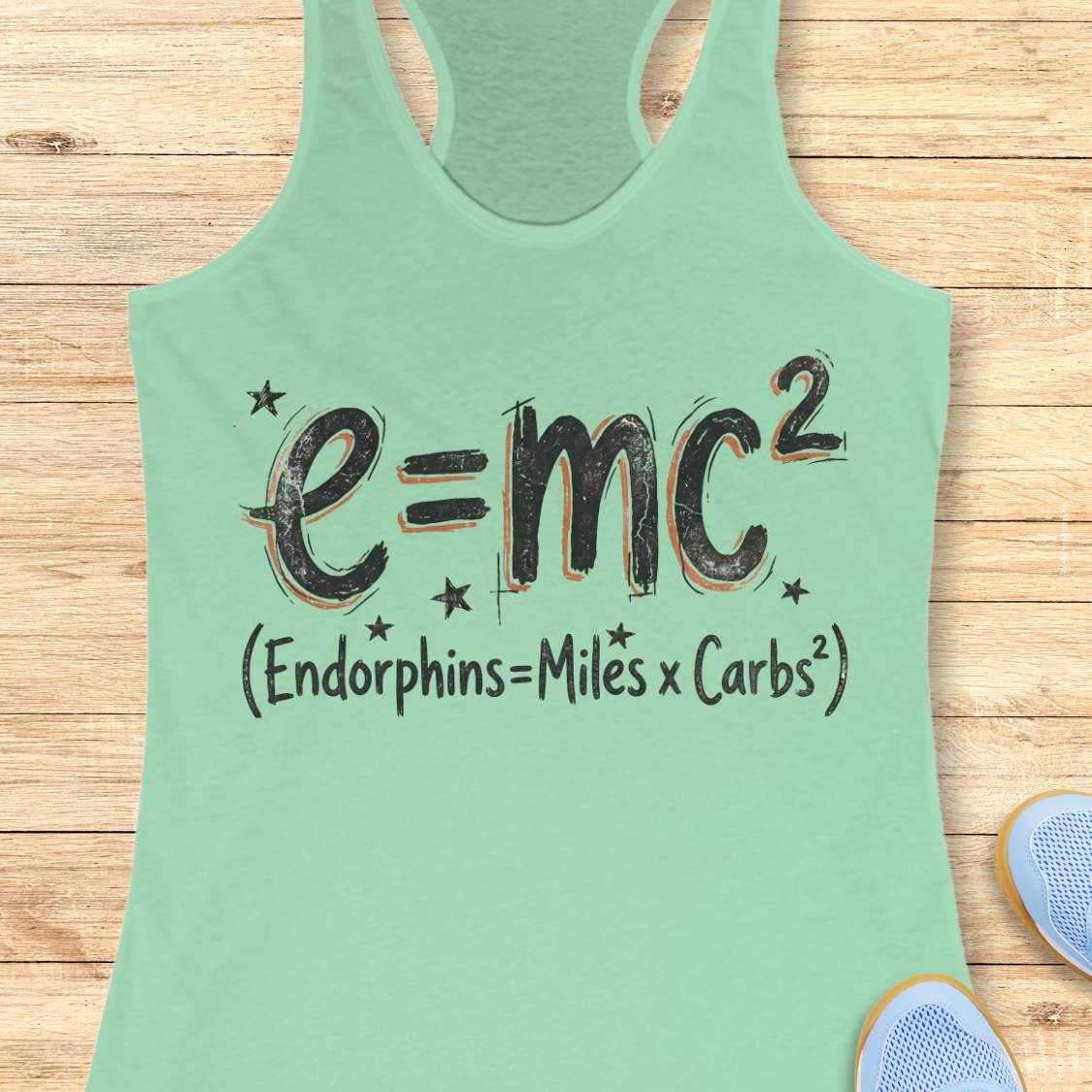 Mint green tank top with a humorous equation printed on it, with text - 'Endorphins = Miles X Carbs square' placed on a wooden surface.