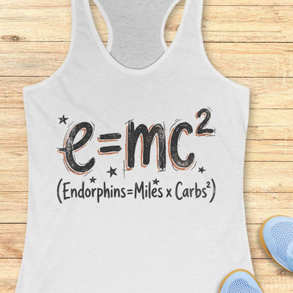 white tank top with a humorous equation printed on it, with text - 'Endorphins = Miles X Carbs square' placed on a wooden surface.