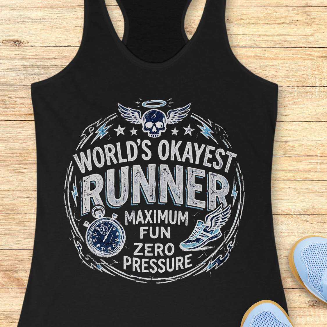 Black tank top with a graphic design and text  'World's Okayest Runner maximum fun, zero pressure' on a wooden surface
