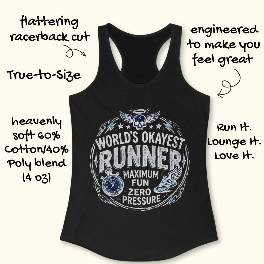 Black tank top with graphic design and text  'World's Okayest Runner maximum fun, zero pressure' on a white background