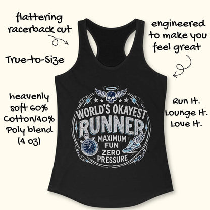 Black tank top with graphic design and text  'World's Okayest Runner maximum fun, zero pressure' on a white background