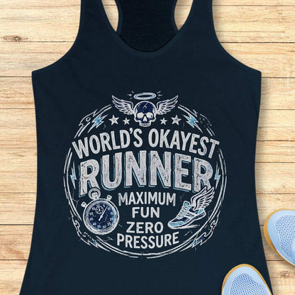navy tank top with  'World's Okayest Runner maximum fun, zero pressure' graphic on a wooden surface