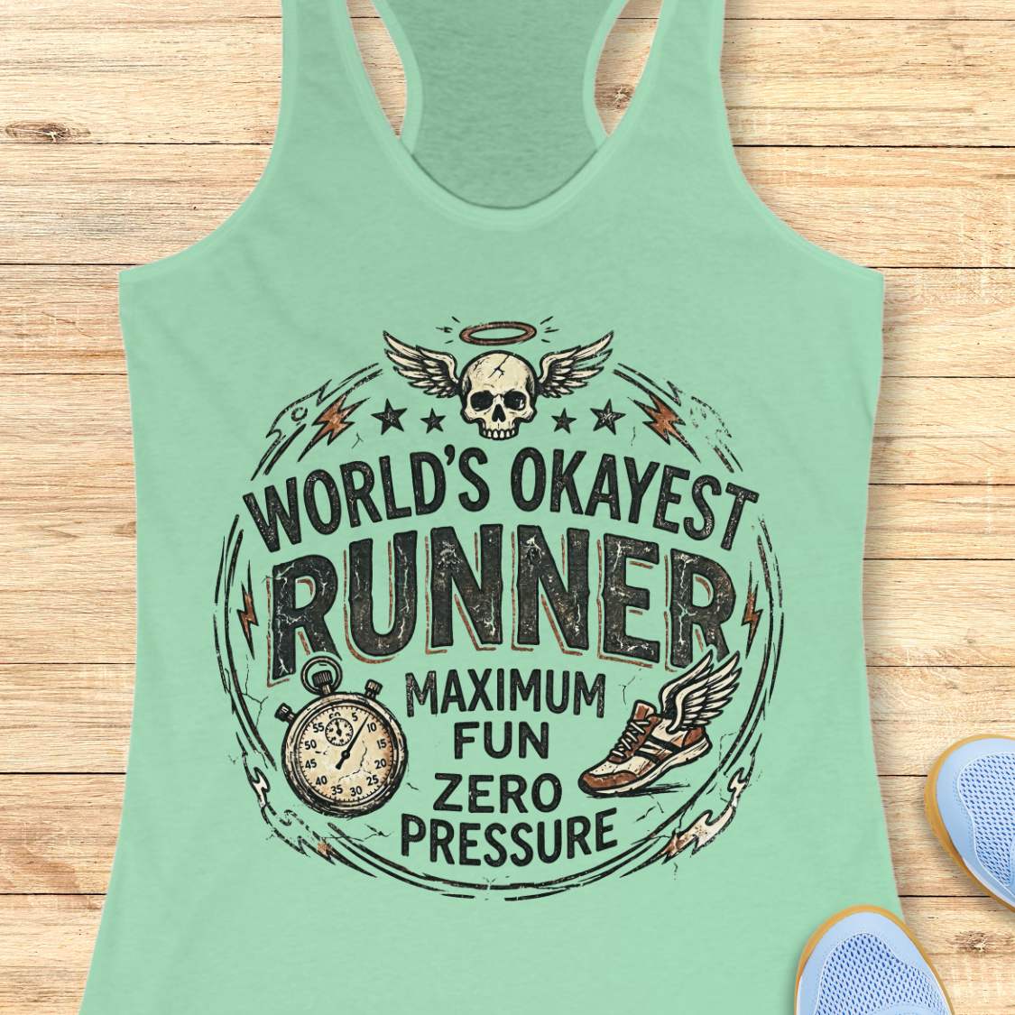 Mint green tank top with a graphic design and text -  'World's Okayest Runner maximum fun, zero pressure' on a wooden surface