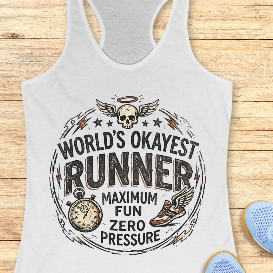 white tank top with 'World's Okayest Runner maximum fun, zero pressure' graphic on a wooden surface