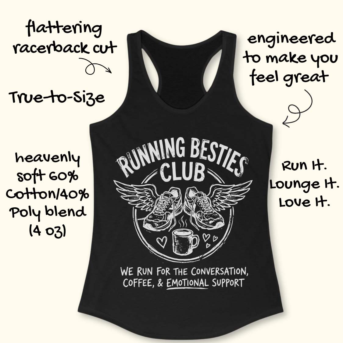 Black tank top with 'Running Besties Club' design on a white background