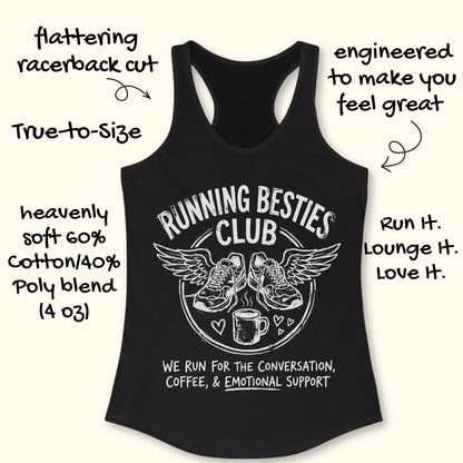 Black tank top with 'Running Besties Club' design on a white background