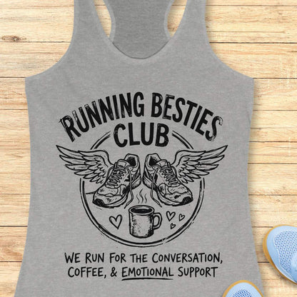 Gray tank top with 'Running Besties Club' design on a wooden surface