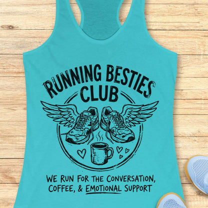 Turquoise tank top with 'Running Besties Club' design on a wooden surface
