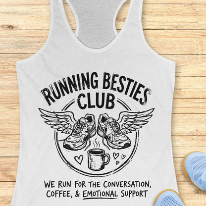 white tank top with 'Running Besties Club' design on a wooden surface