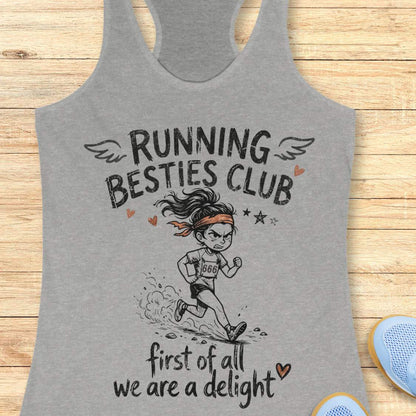 Gray tank top with 'Running Besties Club' design on a wooden surface