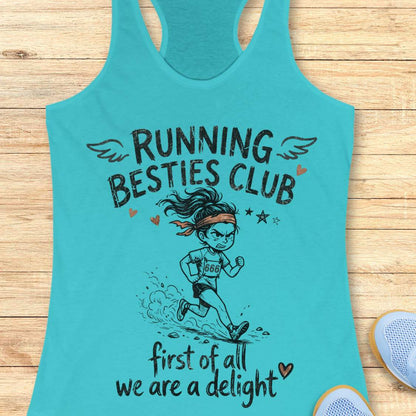 Turquoise tank top with 'Running Besties Club' design on a wooden surface