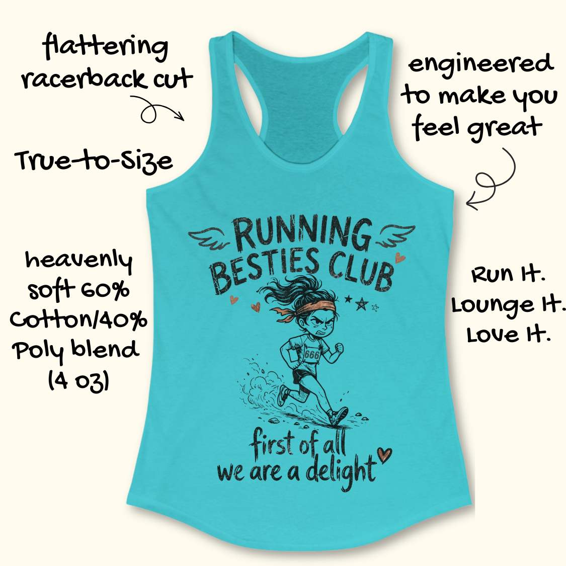 Blue tank top with 'Running Besties Club' design and text about tank top features on a white background.