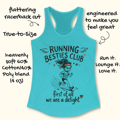 Blue tank top with 'Running Besties Club' design and text about tank top features on a white background.