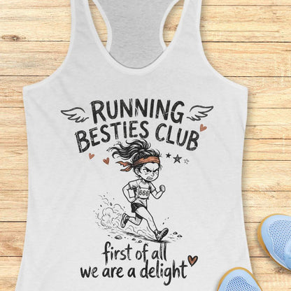 White tank top with 'Running Besties Club' design on a wooden surface