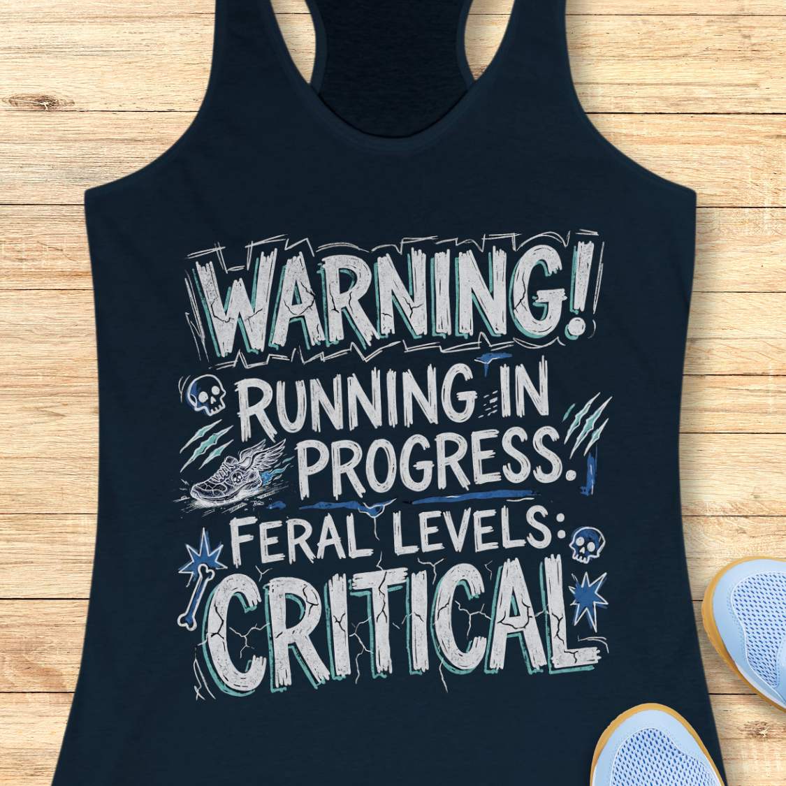 navy tank top with humorous text 'warning running in progress, feral levels critical' ,design on a wooden surface