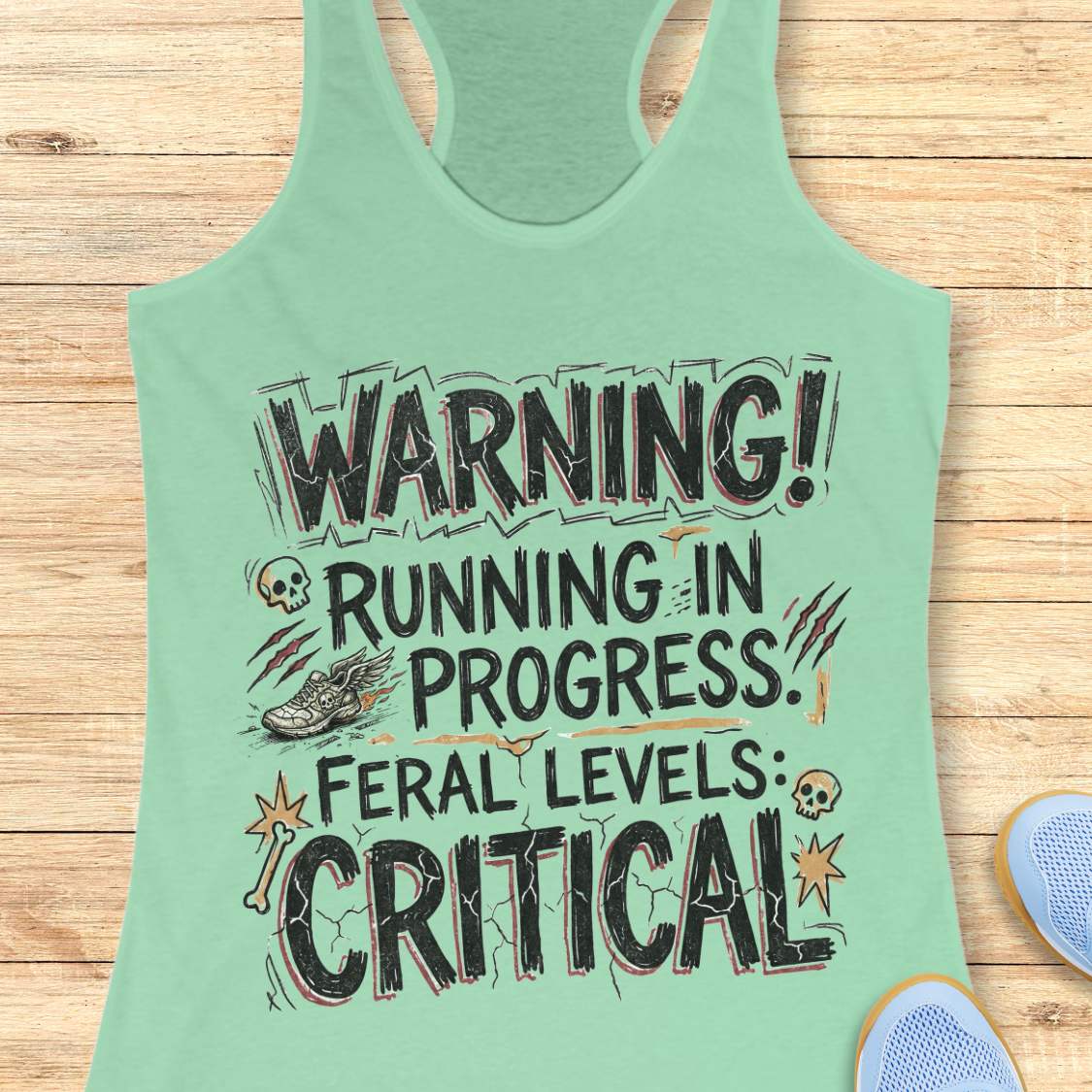 Mint green tank top with humorous text 'warning running in progress, feral levels critical' , design on a wooden surface