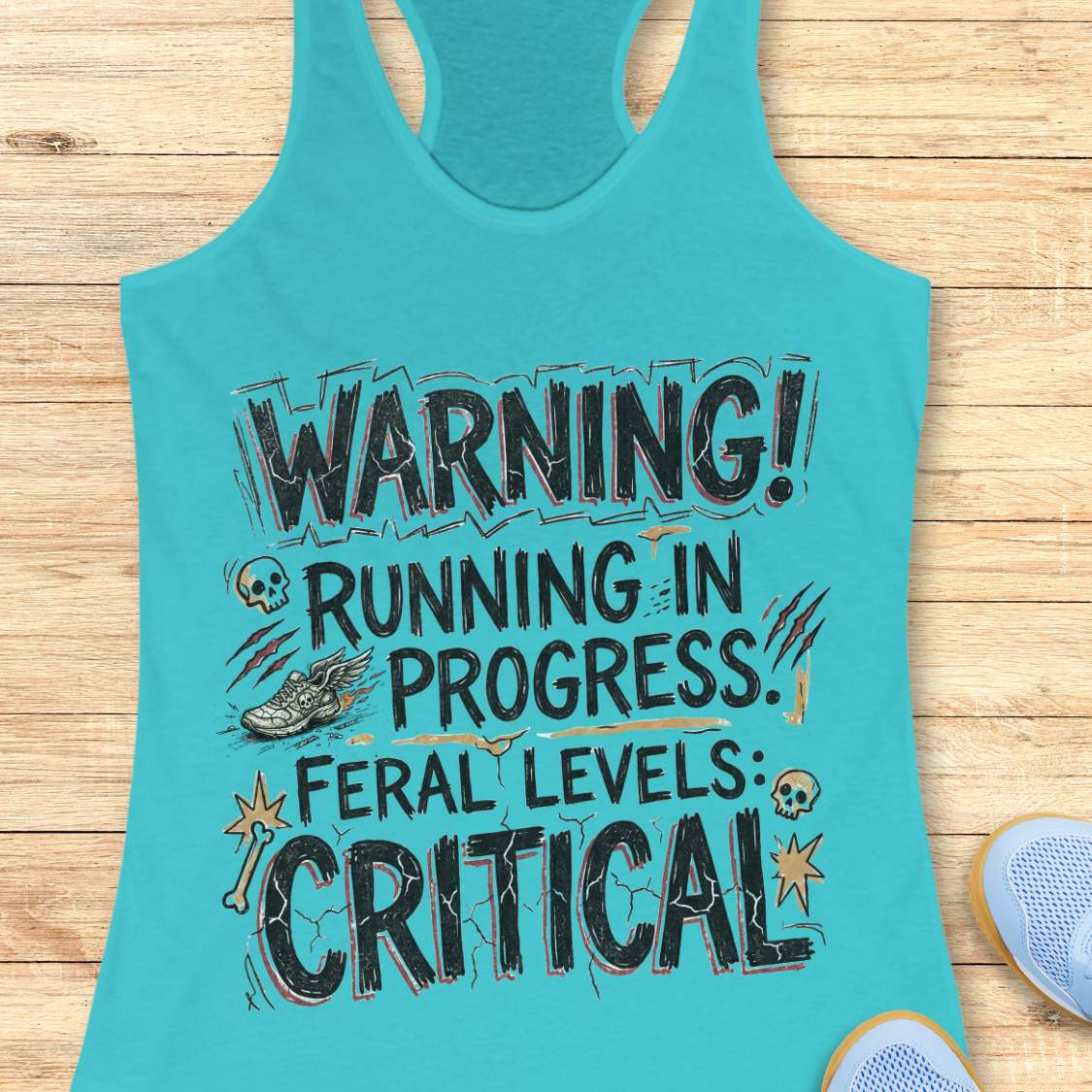 Turquoise tank top with humorous text 'warning running in progress, feral levels critical' , design on a wooden surface