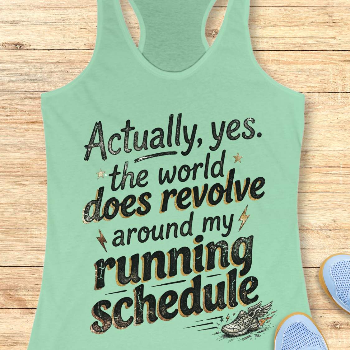 Mint green tank top with funny text 'Actually, yes. the world does revolve around my running schedule.',  on a wooden surface