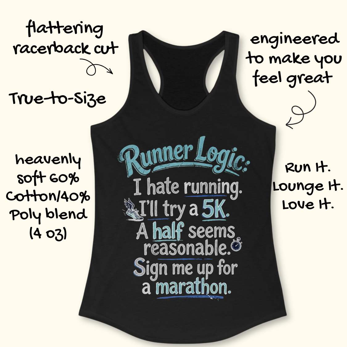 Black tank top with 'Runner Logic' text on a white background