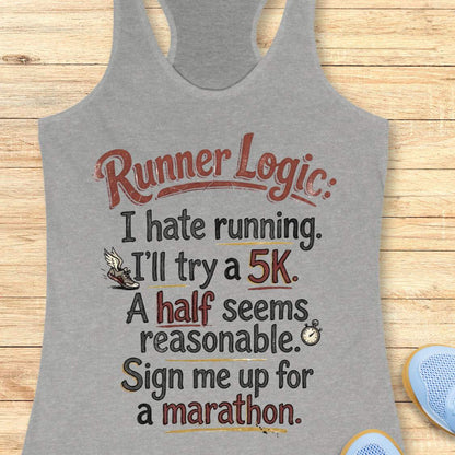Gray tank top with 'Runner Logic' text on a wooden surface